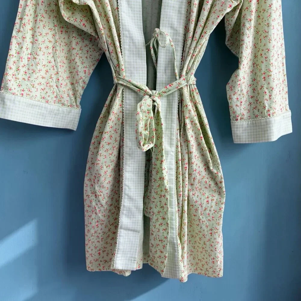 Charter Club Cottagecore Mint Green Floral Gingham Cotton Kimono Wrap Robe XL